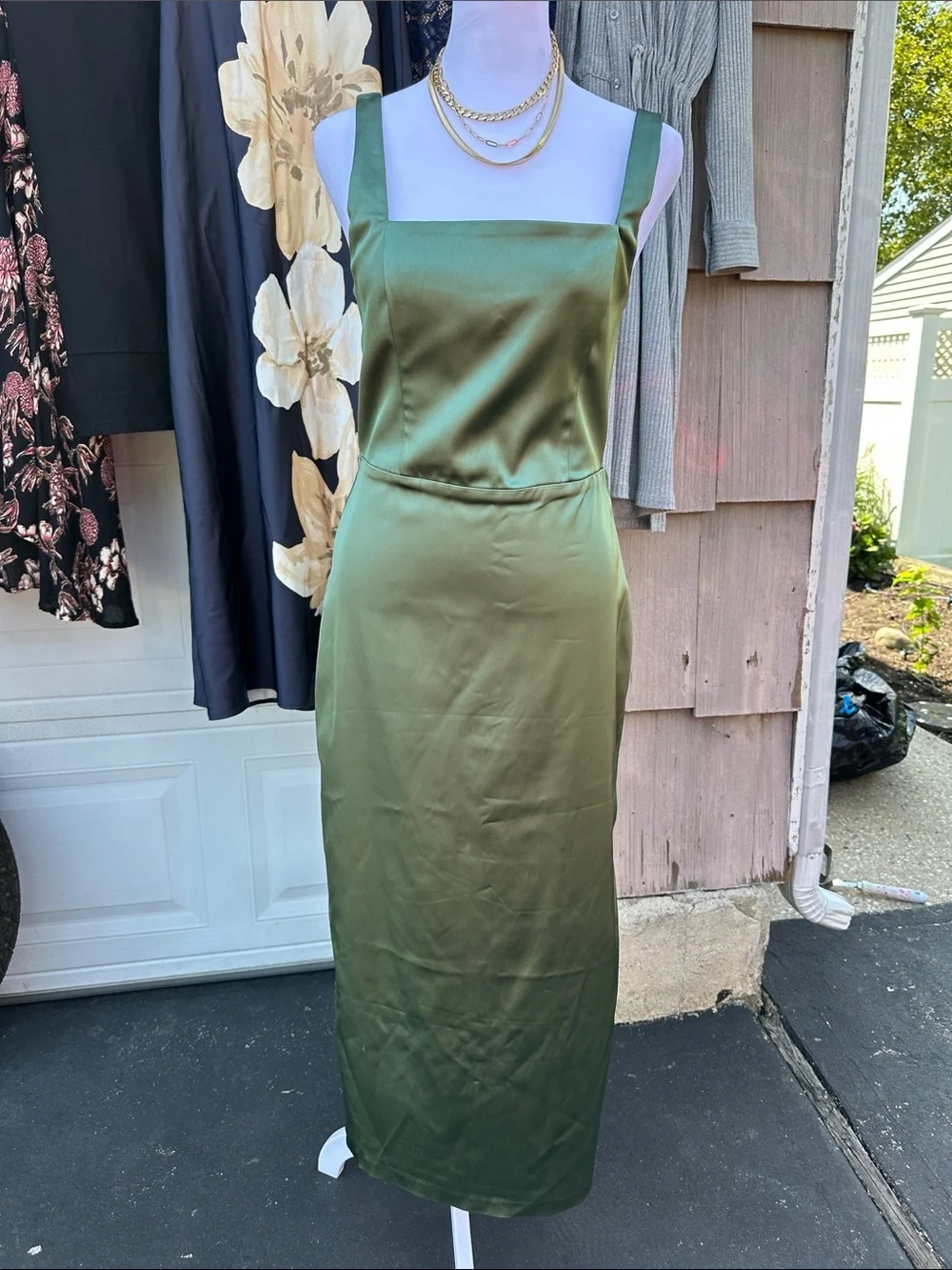 Abercrombie & Fitch Olive Green Satin Square-Neck Midi Dress